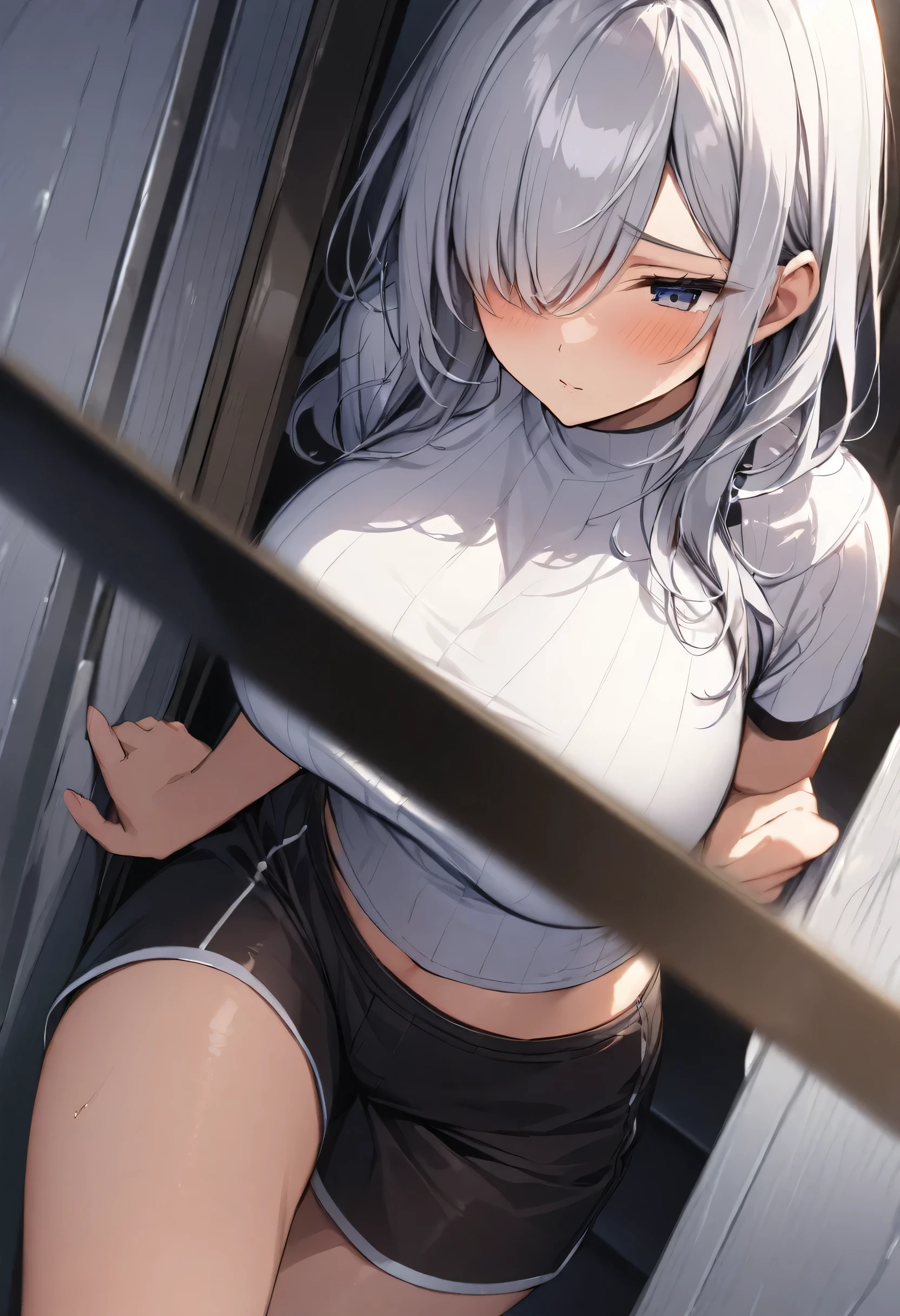 Silver Hair、ponytail、cute、Brown skin、Abdominal muscles、Crossdresser、naked、Toilet cubicle、Tied up with rope、penis