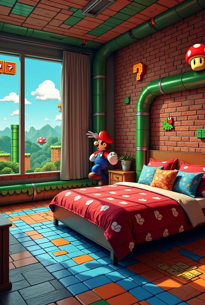 Imagine an incredible, almost realistic bedroom from the world of Mario Bros where you can feel like you're inside the game.