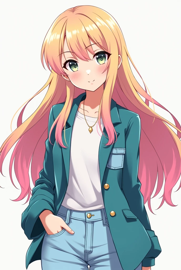 Anime girl with blonde hair with pink highlights, the girl is wearing light blue jeans, a white shirt and a blue-green jacket on top