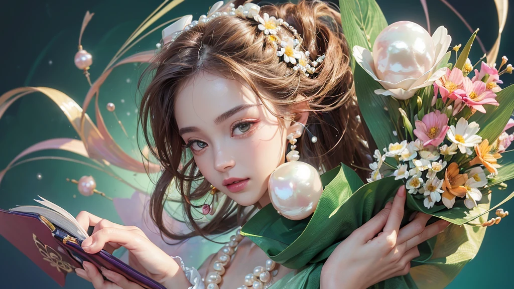 32K, 最高quality, 最高masterpiece, (ultra-Detailed Background, Detailed Background), High resolution, Super detailed, Very detailedな, 1 personの, (bouquet:1.3), (Tangled:1.2), (Geometric:1.2),(colorful),(masterpiece, quality, best quality, Official Art, Beautiful and beautiful:1.2), (1 person:1.3), Very detailed,(colorful:1.1)(Flowers:1.3),Most detailed,(Tangled:1.2), whole body, (Abstract background:1.3), (Skin glows), (Many colors:1.4), ,(Earrings Pearl:1.5), Light green background, It's imaginative., Brunette Hair, Updo, Holding a book, Holding a pen, Satin shirt