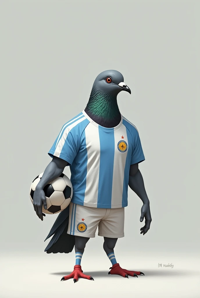Make a grey pigeon with a darker grey neck and wearing the Argentine national team's clothes with a soccer ball