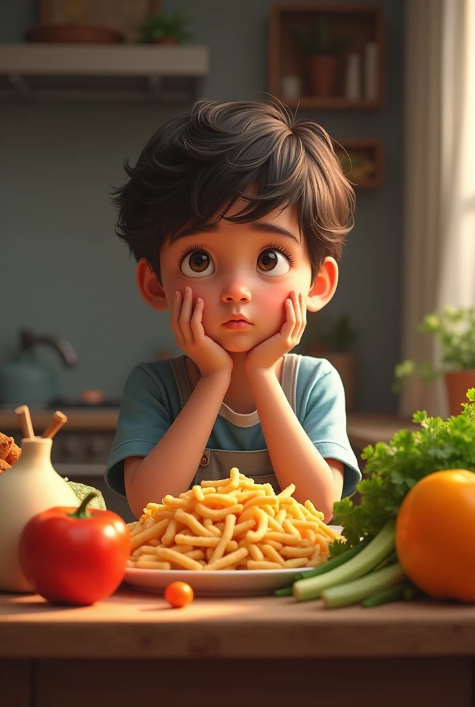 A child thinking about eating junk food or eating vegetables 
