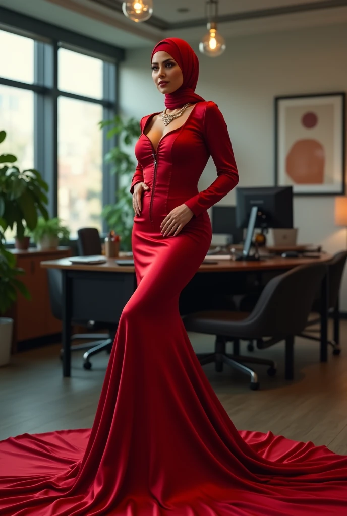 a woman in the translucent red silk gown, full body,black long straight hair,wear translucent veil ,brest expose, wear elegant black blazer, half neked, tiead in satin rope, tied tight,mermaid tight long gown, flowy dramatic long gown, double long satin train ( 4 meter long ),in office room,red satin sheet, wear high heels, masterpice, 4k resolution, ultra-realistic, highly detail.