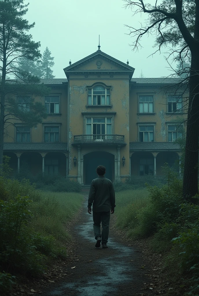 Abandoned hospital outside, man leaving