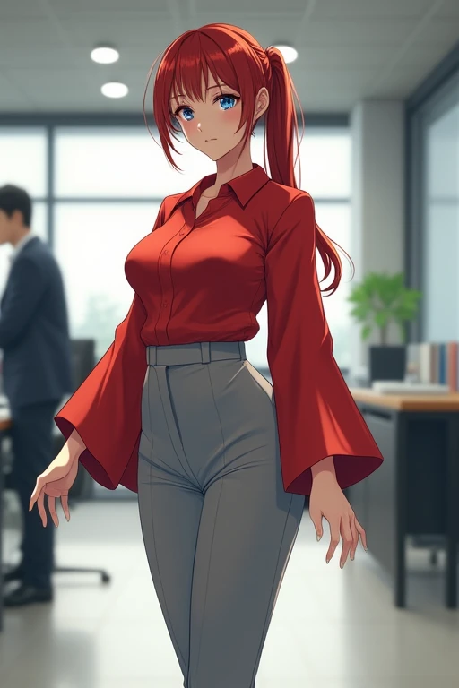 Anime Japanese woman, working woman, uniform, red hair, long hair, low ponytail, blue eyes, kimono-like scarlet shirt with large sleeves, oversized light grey slacks, beautiful G-cup breasts, nice butt, office corridor