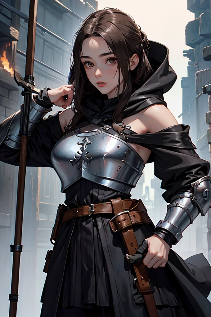 a female dwarf in the role of a rune smith. The character is 120cm, tall, with a coat and a hood with rune on the hood. No beard and a young face. In his hand a crossbow. As armor she wears large shoulder plates made of obsidian. A large hammer strapped to the back. With a dark brown leather armor