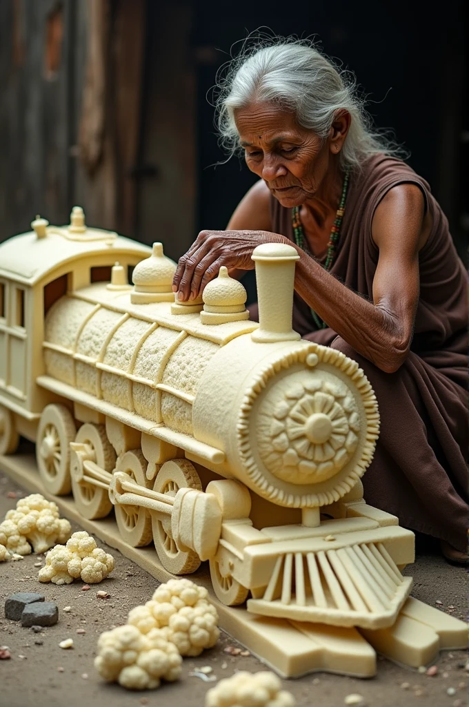 A indian poor oldwoman making a big train out of cauliflower