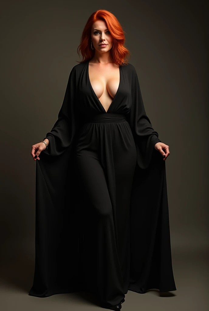 40 year old woman weighing 70 kg wearing black open abaya and her legs open sexy standing and her high heels open chest and lipstick without underwear and her hair red and the lighting is strong and a man kisses her shoes