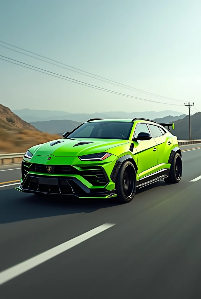 A neon green Lamborghini urus on highway with mansory body kit on it