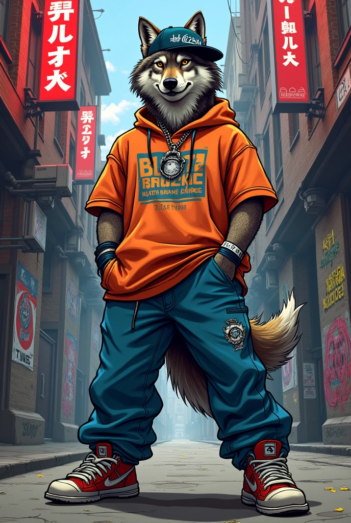 Drawing of a wolf that does hiphop and is dressed like the rappers of the 90s