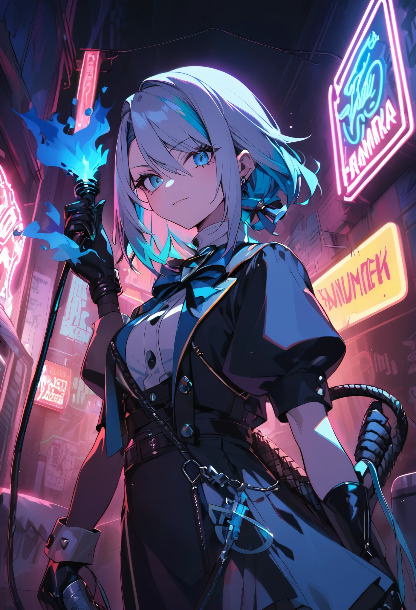 Franziska von Karma, blue fire hair, whip on hand, neon lights