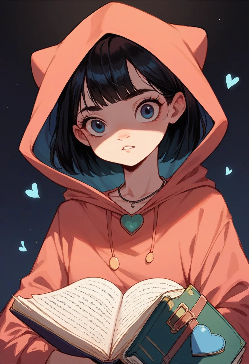 Disney image of a black-haired woman, straight , long, Book hairstyle with ruffles wearing a long-sleeved red asterick shirt with a small strawberry in the middle, a hood on, and a necklace with a blue heart on a dark background