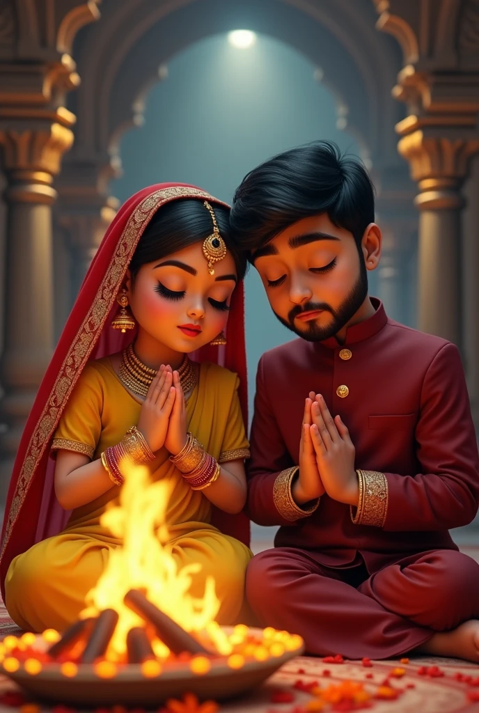 Young couple sitting in pooja in front of a pyre. Bride yellow saree with red veil. Eyes closed. Gold jewellery. Heavy makeup eyes closed hands in prayer. Groom in maroon kurta slight beard eyes closed. Bride slightly chubby and with dimples. Bith young looking . In devotion