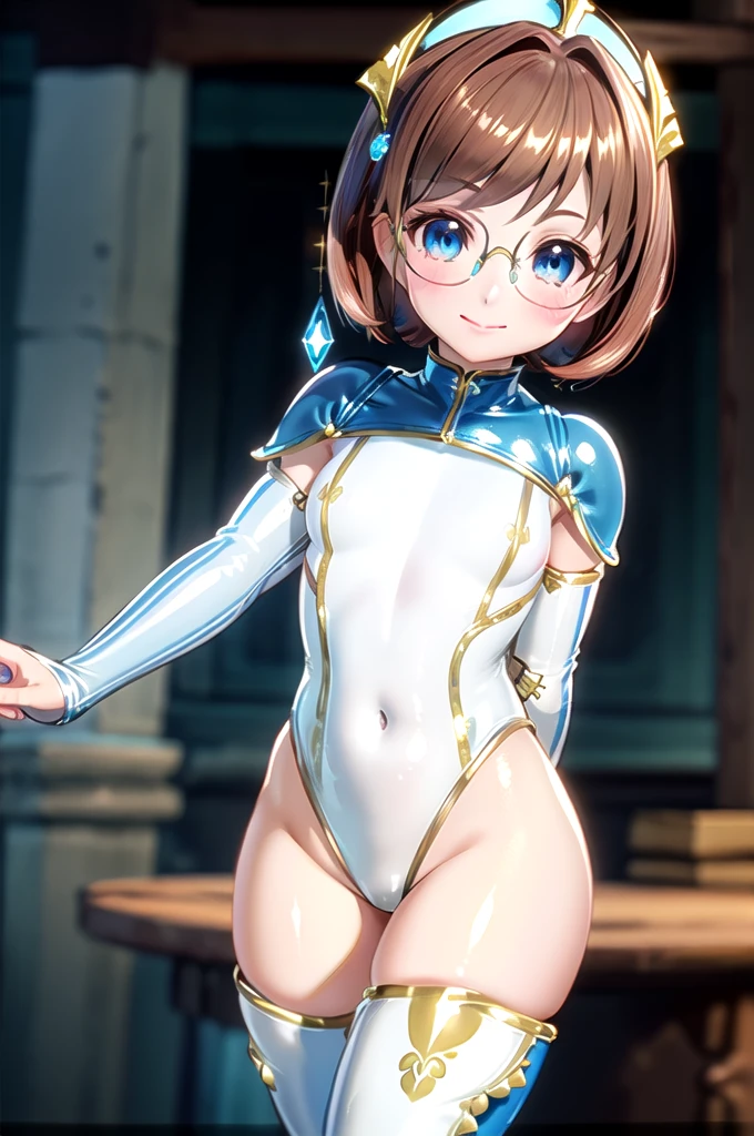 1girl,solo,(cowboy shot),standing,(brown hair:1.2),short hair,(hair ornament:1.2),(brown eyes:1.2),(glasses:1.2),(beautiful fingers:1.4),(perfect anatomy:1.4),(arms_behind_back:1.6),(cold_shoulder:1.5),(pure white and blue leotard:1.6),(silk lace glossy lamé:1.4),(latex luster shiny glossy:1.6),(shiny_clothes:1.6),(blue vest:1.4),(medium breasts:1.2),(beautiful breasts:1.2),masterpiece,best quality,(Ultra high definition eyes:1.2),8k,(Beautiful detailed eyes:1.2),(Fine and beautiful eyes:1.2),(pretty eyes:1.2),finely detail,extremely CG, absurdres,high resolution,illustration,Detailed and beautiful outlines,finely detail,high resolution,(colorful refraction:1.4,Increase saturation:1.2),beautiful lighting,dynamic lighting,closed room,black background,simple background, smile,looking at viewer,chiche,yellow scarf,royal cape,elegant gown,(blue thigh boots:1.4)