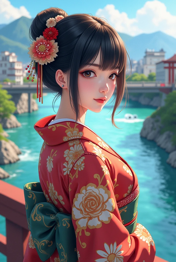 (Highest quality、 8k 、masterpiece、High resolution)、(whole body)、Vibrant colors、Brown-black bob、Traditional round topknot、Ample breasts、(Highly detailed face and eyes、Beautiful Face、Beautiful Eyes、Beautiful Nose、Pretty lips)、 (Beautiful Japanese woman standing on a riverside observation deck)、(bright floral kimono)、Official Art、 A waterfall is flowing in the background、Nearby bridge、Cityscape along the river、Distant Mountain々、Detailed CG、back、Side view