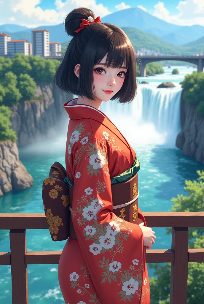 (Highest quality、 8k 、masterpiece、High resolution)、(whole body)、Vibrant colors、Brown-black bob、Traditional round topknot、Ample breasts、(Highly detailed face and eyes、Beautiful Face、Beautiful Eyes、Beautiful Nose、Pretty lips)、 (Beautiful Japanese woman standing on a riverside observation deck)、(bright floral kimono)、Official Art、 A waterfall is flowing in the background、Nearby bridge、Cityscape along the river、Distant Mountain々、Detailed CG、back、Side view