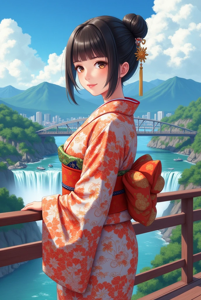 (Highest quality、 8k 、masterpiece、High resolution)、(whole body)、Vibrant colors、Brown-black bob、Traditional round topknot、Ample breasts、(Highly detailed face and eyes、Beautiful Face、Beautiful Eyes、Beautiful Nose、Pretty lips)、 (Beautiful Japanese woman standing on a riverside observation deck)、(bright floral kimono)、Official Art、 A waterfall is flowing in the background、Nearby bridge、Cityscape along the river、Distant Mountain々、Detailed CG、back、Side view