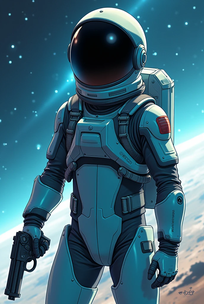 Boys Astronaut with black helmet and cyan suite with a revolver full body and space background with anime style