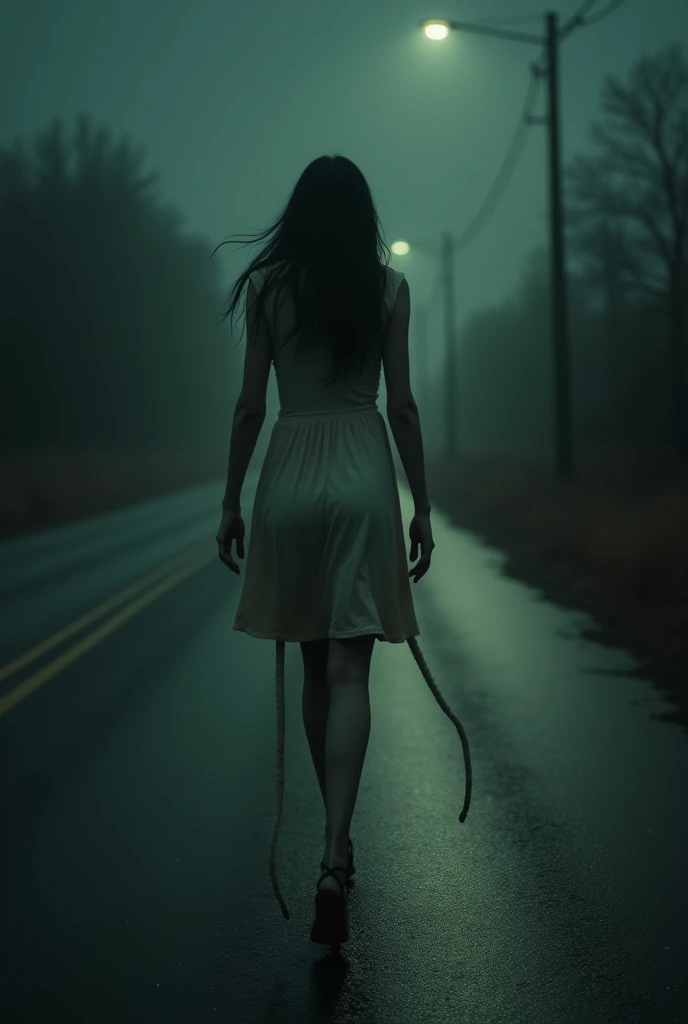 Road at night, Woman (desfocada) in a dirty white dress (half yellowish), extremely long legs and deformed with the length, walking in a zig zag on the track. dark, horor, suspense.