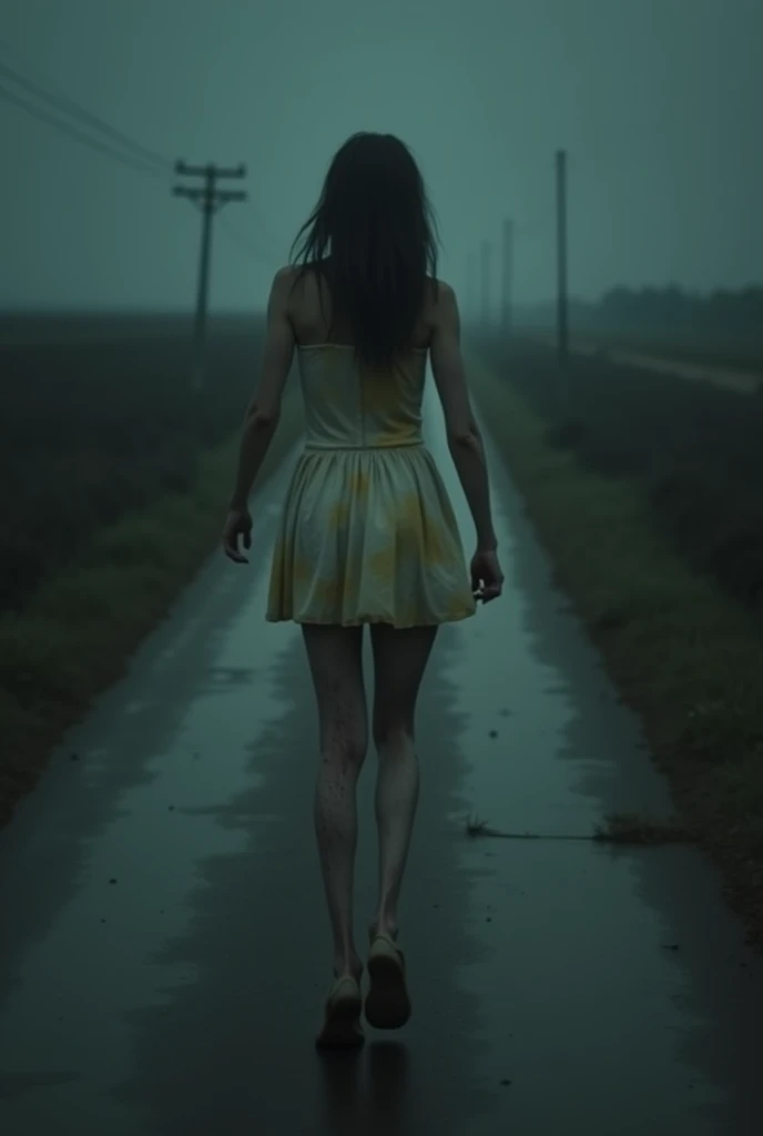 Road at night, Woman (desfocada) in a dirty white dress (half yellowish), extremely long legs and deformed with the length, walking in a zig zag on the track. dark, horor, suspense.