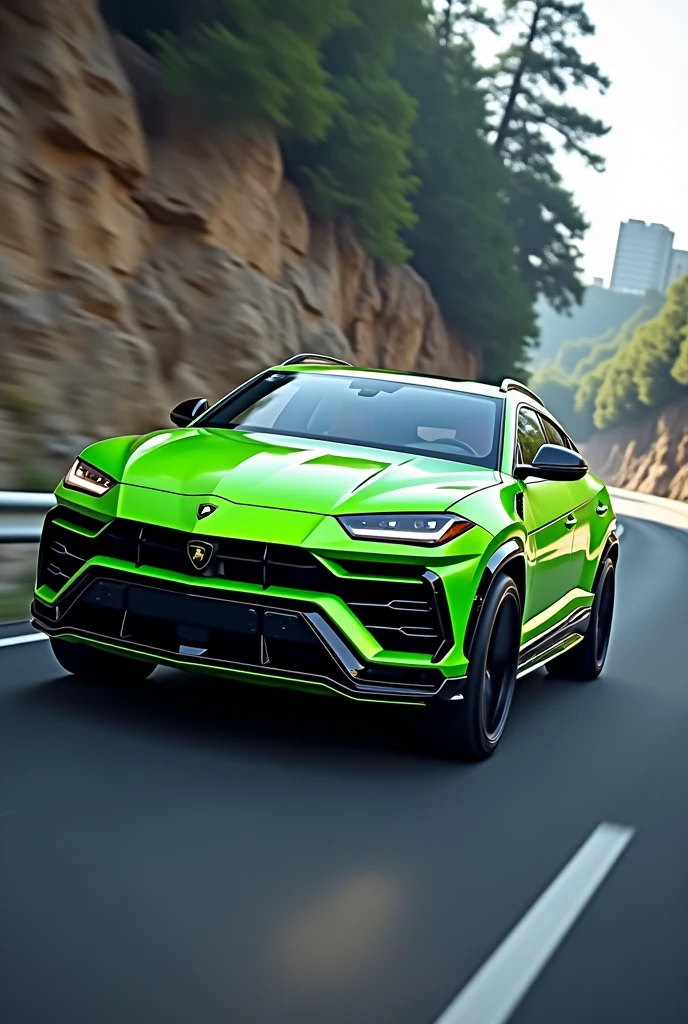 A neon green Lamborghini urus on highway with mansory body kit on it different