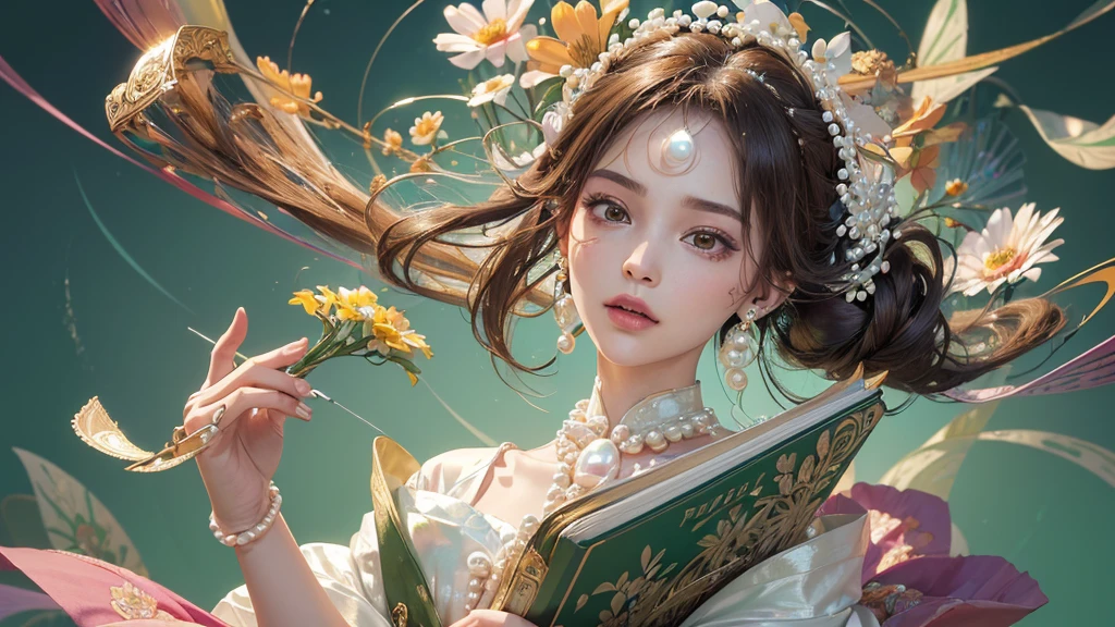 32K, 最高quality, 最高masterpiece, (ultra-Detailed Background, Detailed Background), High resolution, Super detailed, Very detailedな, 1 personの, (bouquet:1.3), (Tangled:1.2), (Geometric:1.2),(colorful),(masterpiece, quality, best quality, Official Art, Beautiful and beautiful:1.2), (1 person:1.3), Very detailed,(colorful:1.1)(Flowers:1.3),Most detailed,(Tangled:1.2), whole body, (Abstract background:1.3), (Skin glows), (Many colors:1.4), ,(Earrings Pearl:1.5), Light green background, It's imaginative., Brunette Hair, Updo, Holding a book, Holding a pen, Satin shirt