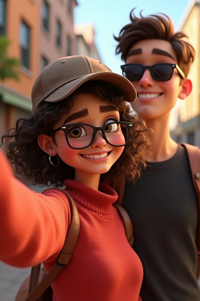 Pixar style image of a couple, the girl is in front taking the photo, she has a red sweater, she wears glasses, she has curly hair, white skin and wearing a baseball cap, The boy behind her is white-skinned, He is wearing sunglasses and a black t-shirt., He is looking away smiling