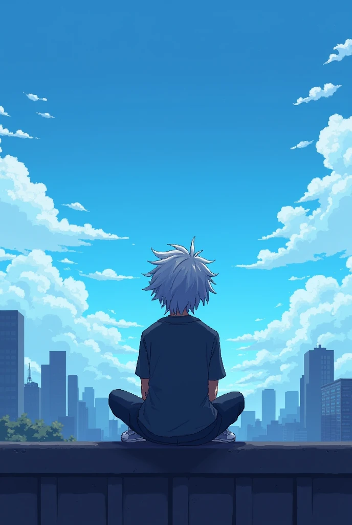 Make me the image of a teenager with silver hair sitting on the roof of a building looking at the blue sky with a bit of the city in the background with a dark filter to give it a melancholic touch seen from behind , all in pixel art