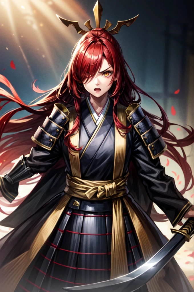 wearing armor One adult female, wearing black kimono, Long Hair, red hair, golden Eyes, snake pupils, Light makeup, intense anger, tite waist, holding sharp sword, full body, big hair, hair over eye, anime, cinematic lighting, cowboy shot, UHD, retina, masterpiece, accurate, anatomically correct, textured skin, super detail, high details, high quality, award winning, best quality, highres, 8k