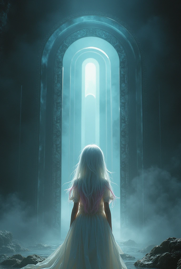 A girl with white hair with pink highlights at the ends, about , is standing in the darkness, with a total of 9 dimensional doors in front of her.  