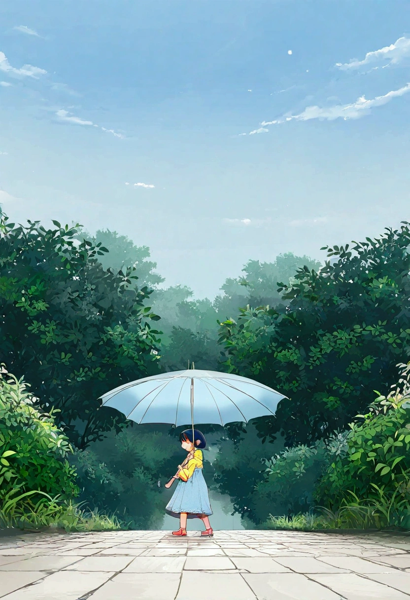 Chico Ghibli caminando bajo la lluvia en una calle tranquila: Ghibli-style boy, walking alone on a quiet village road, holding an umbrella, light rain falling on the lush greenery, soft pastel colors, warm glowing lights from nearby houses, gentle breeze, puddles reflecting the overcast sky, peaceful atmosphere.