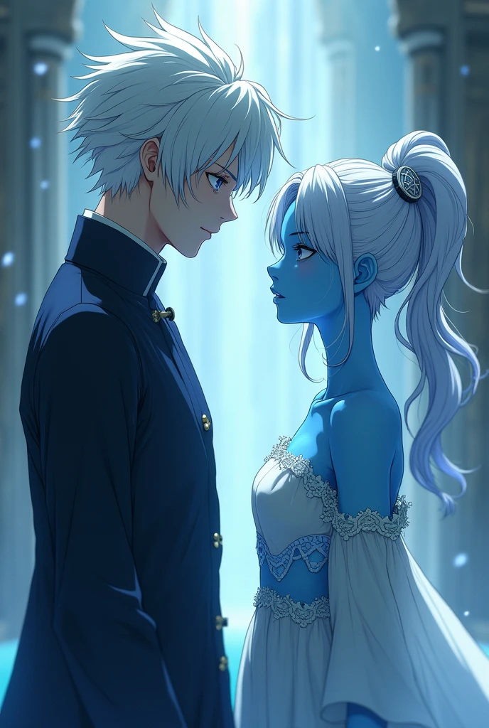 Tall albino haired man and blue p3li woman looking at each other side by side, with a height of 1.77 both, estilo anime kimetsu no yaiba