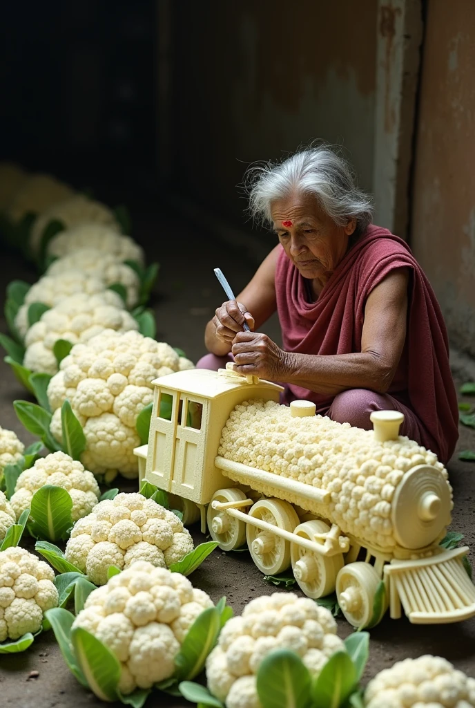 A indian poor oldwoman making a big train out of cauliflower  and train is longer than