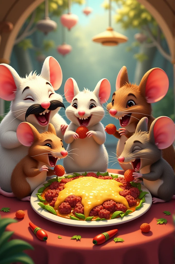 imagine Five mice eating quesabirrias. Two are white mice, One is muscular and has a big mustache, The other one also has a mustache but is thin. The other three mice are brown., one of them is chubby, while the other two are of normal build. Everyone is happy enjoying their quesabirrias in a lively and fun scene.