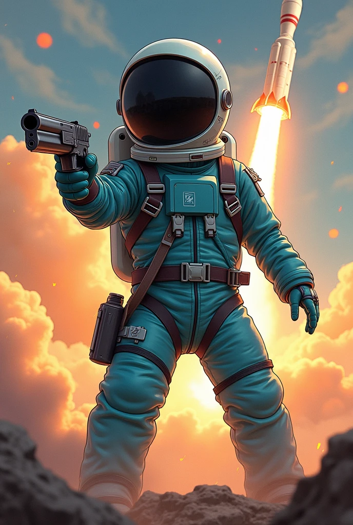 Boys Astronaut with black helmet and cyan suite with a revolver full body and rocket background with anime style