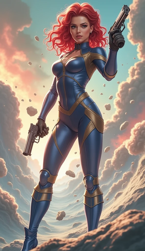 Nesta imagem fascinante, The protagonist exudes confidence and authority, His curly red hair contrasted beautifully with his elegant blue suit with gold embellishments..., Comes with gloves and boots,It gives a sense of unity. She held two pistols tightly in her hands., As she scanned the dynamic background with a determined gaze,Its metal surfaces and handles shine in the light.. The colors behind her are bright, Mainly blue and green, Increases vitality and general dynamism, A world that resembles a comic book or a video game,She plays a powerful superhero there, , retina, precise, work of art, super detaill, high détail, best qualityer, The awardee, high resolution, High definition, 4K, 8k, 16K, retina, precise, work of art, anatomically correcte, texturized skin, super detaill, high qualiy, The awardee, high resolution,