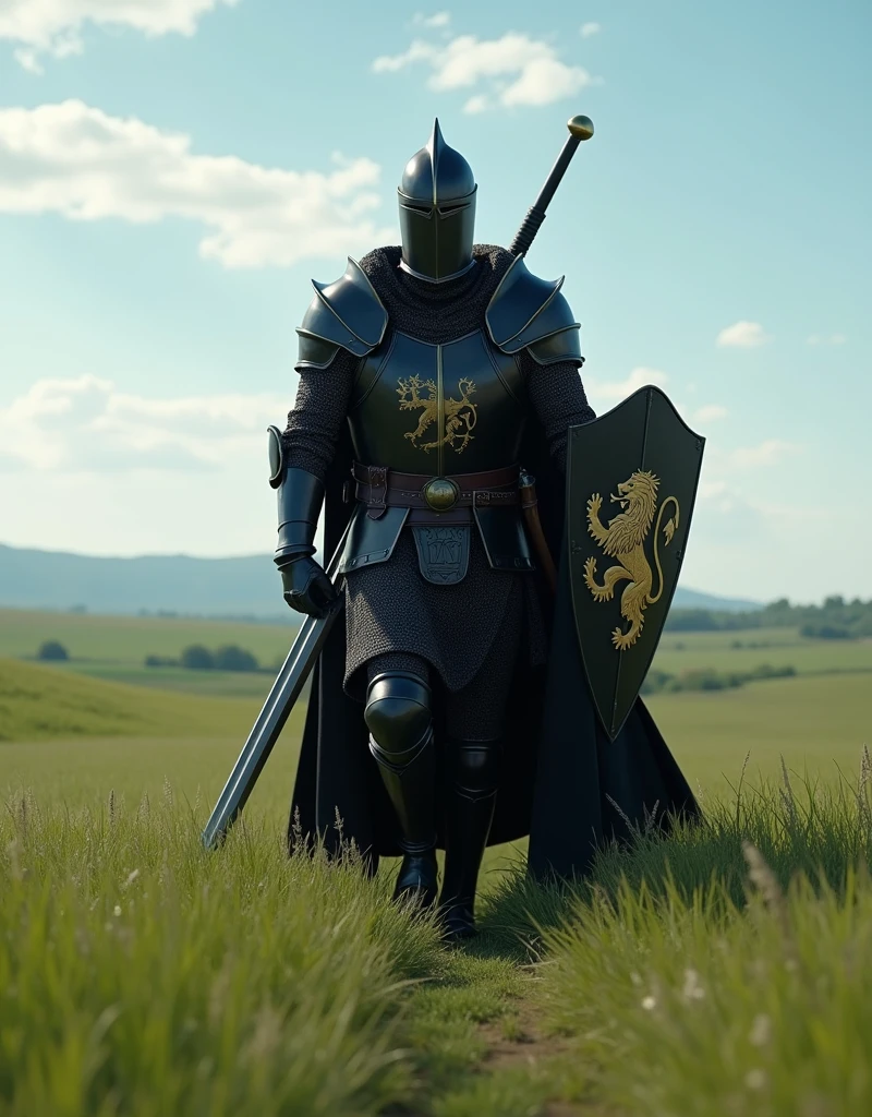 Generate me the image of a medieval soldier, He wears black armor, Over the armor he wears a kind of tunic with the symbol of a lion, with a long sword resting on his shoulder and a teardrop shield, He is walking through a field, high quality level