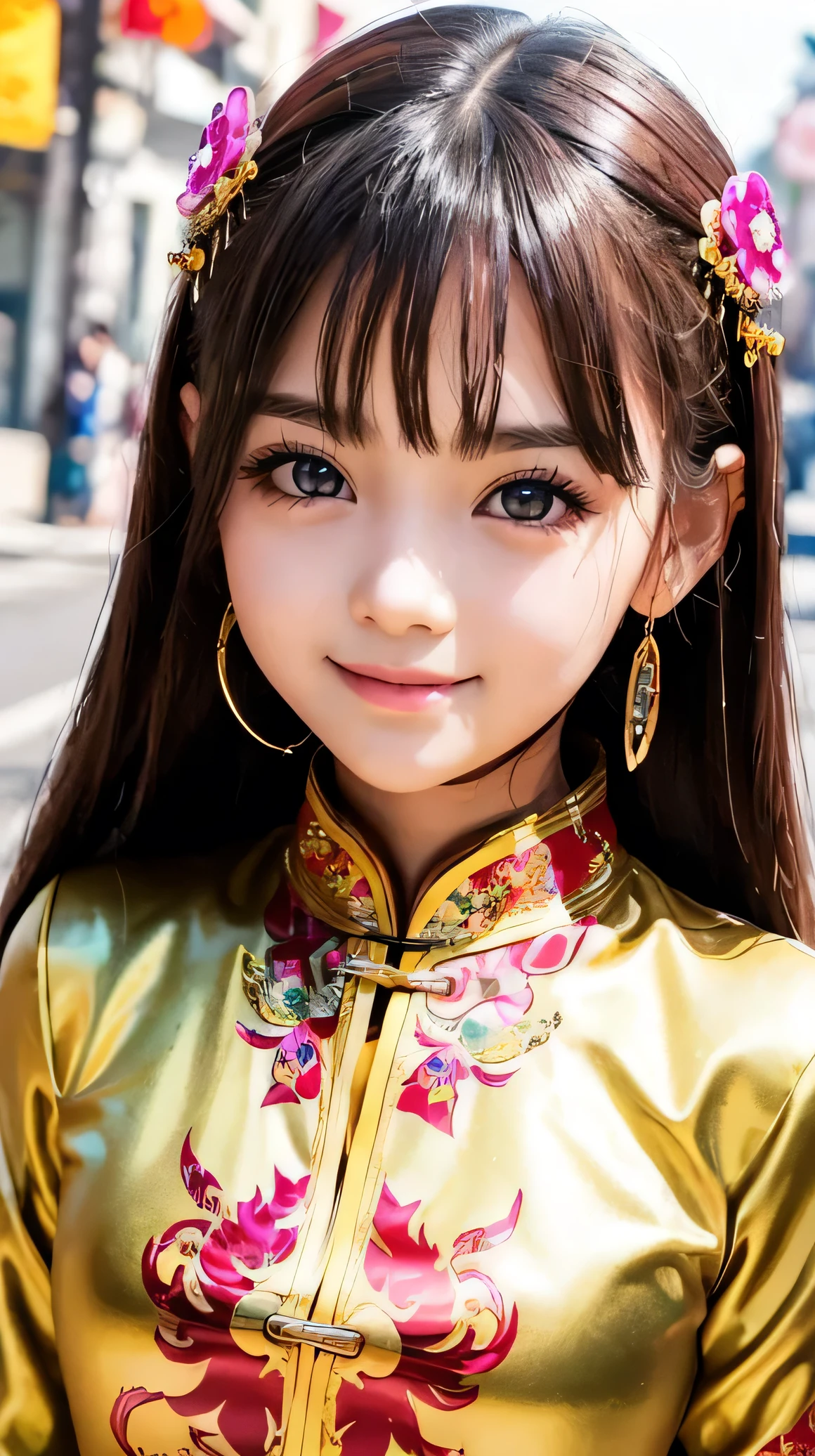 (Very beautiful cute girl), (very cute face:1.2),12 yo, (sparking crystal clear attractive large eyes), beautiful detailed eyes, Detailed double eyelids, (smiling), (realistic photograph:1.2), long straight hair,Super shiny metallic gorgeous vivid colored latex long sleeves cheongsam, chinese phoenix pattern design cheongsam, Costume lighting,in the street