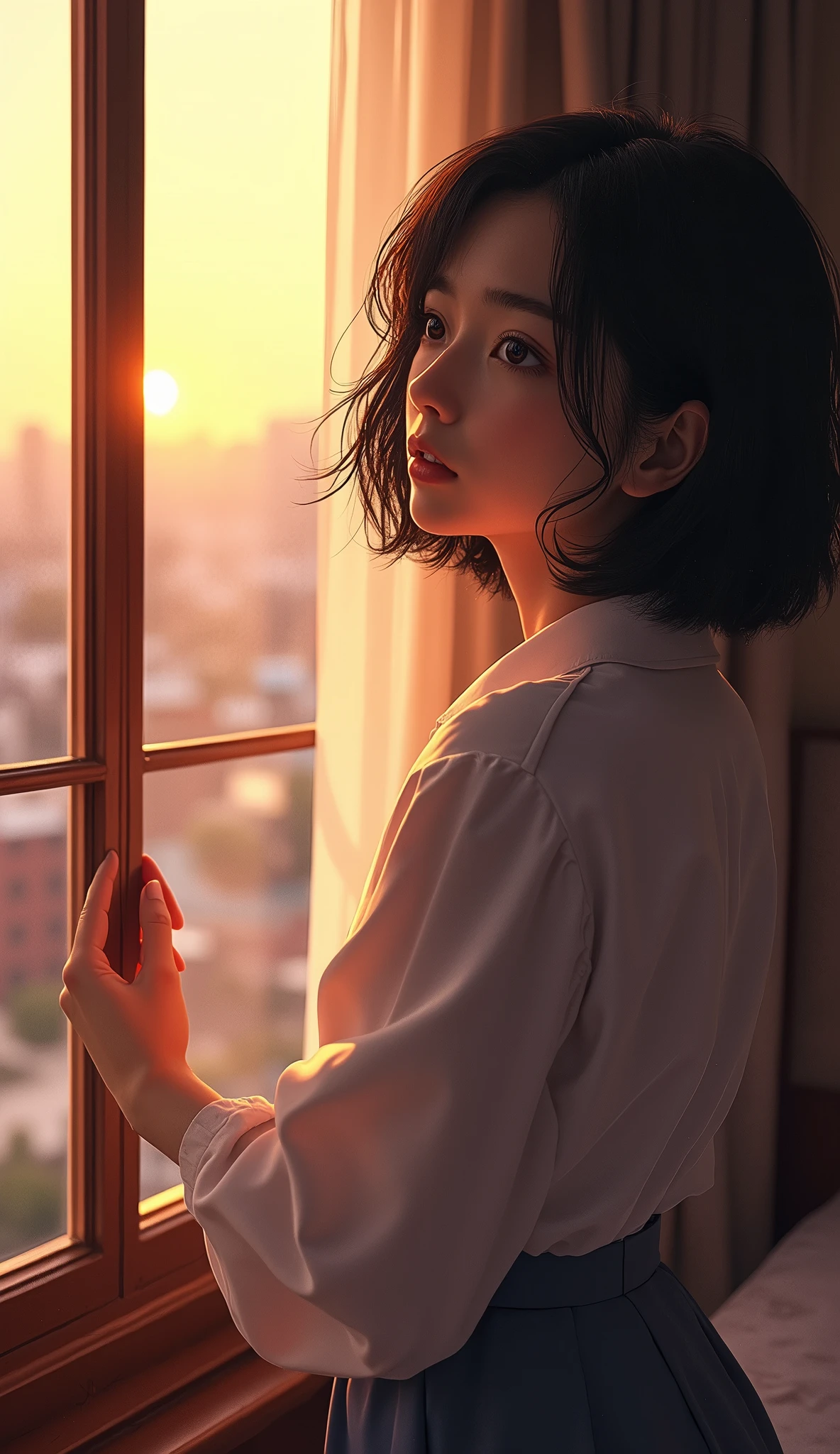 (masterpiece, 1girl, Japanese, 4, short black hair, (leaning on window, arching back:1.2), luxury hotel room, (evening light))