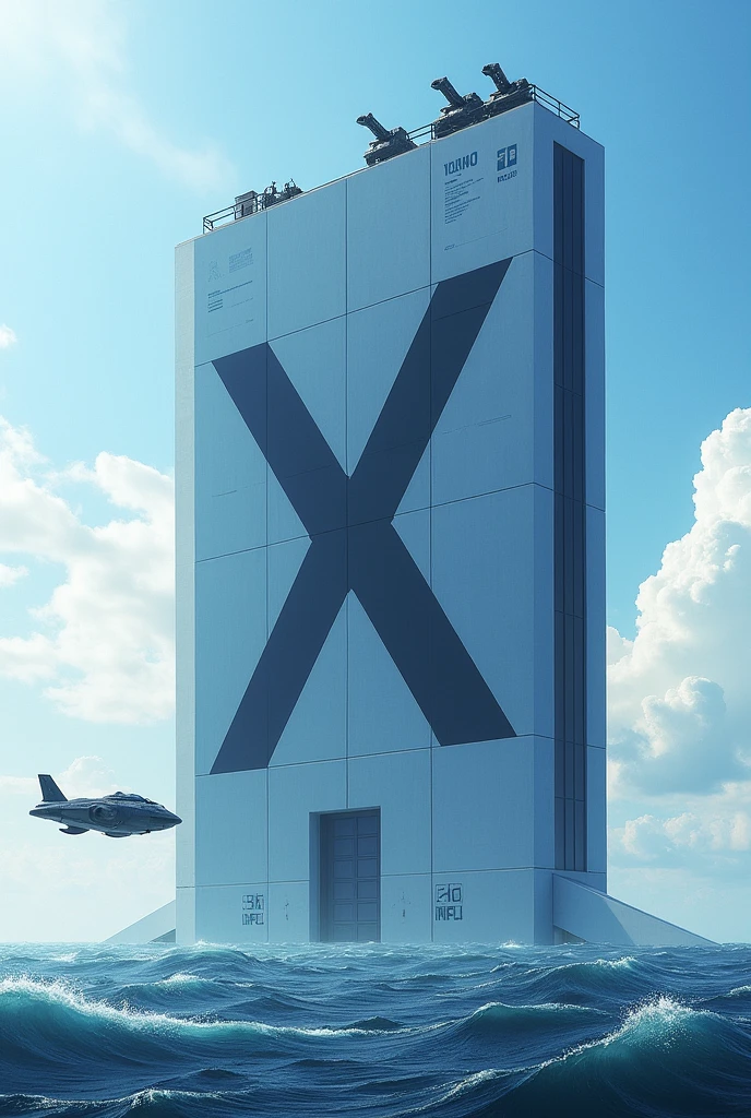 building, modern, futuristic looking, in the middle of the ocean, very big, blue and white, wide, square.a capital letter X in the middle of the building, in printed form.in front of a modern skyship, machine guns on the roof, an armored door, a huge building