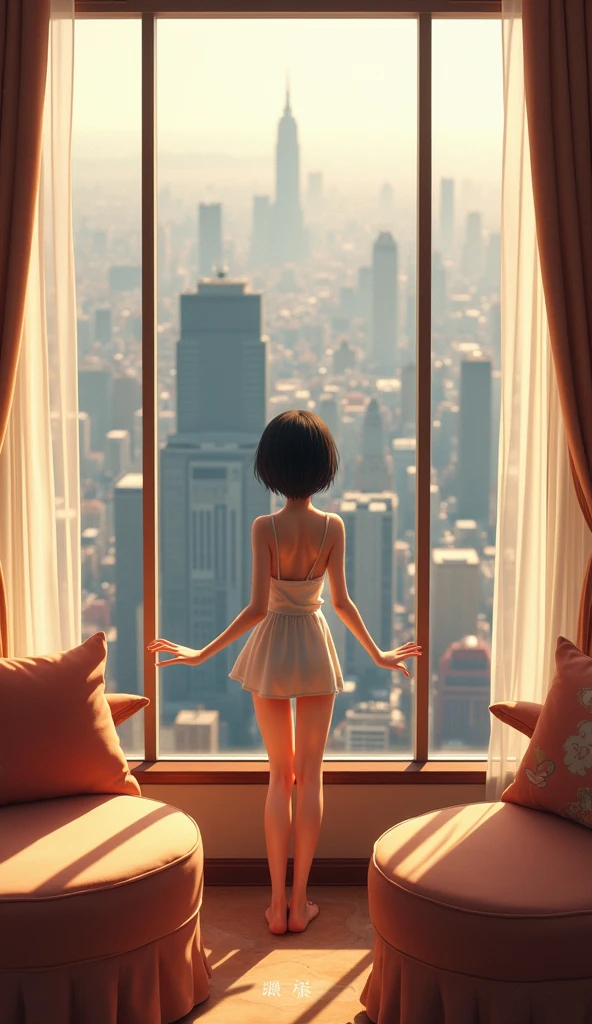 (1girl, Japanese, 4, short black hair, (hands on window, butt out:1.3), luxury city hotel room, warm lighting)
