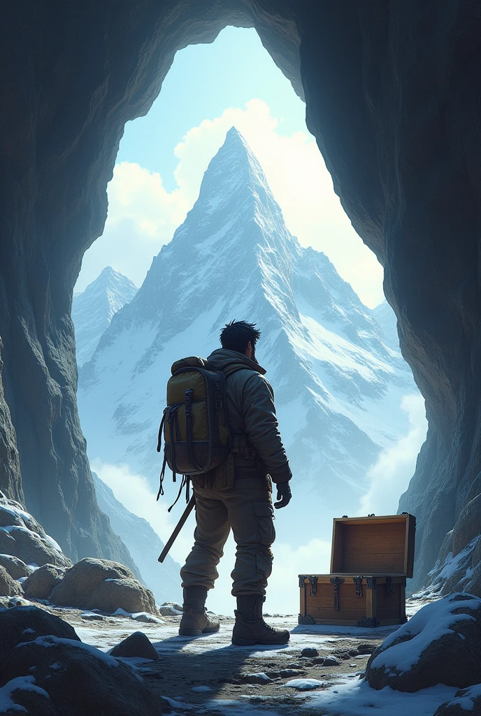 Create an image of a single man , black hair and 3, mountaineer dress, front at the entrance of a cave and inside it an empty wooden chest.