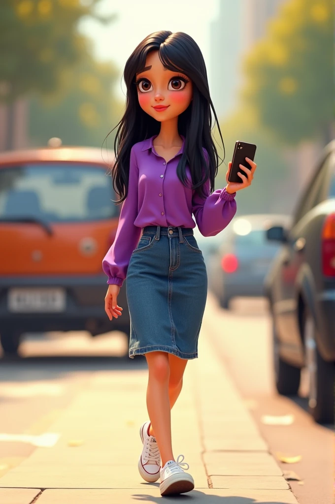 Pixar-style poster with a short lady with thinned hair, fringe on the right side, long smooth black color, She wears a purple sleeved blouse and a knee-length fitted denim skirt., white low converse tennis shoes. In his right hand he has a cell phone. He is walking on the sidewalk and there are cars on the street 