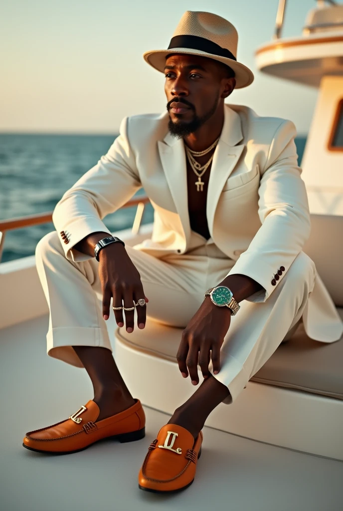 Forty year old black man, very elegant and sophisticated, very strong athletic build, with a goatee, wearing jewelry and a modern bowler hat, cream linen shirt and summer suit, Slim Italian style tailored cut, in pumpkin color Italian moccasin shoes,in pumpkin colors with beige written the letters D on the left shoe and the letter L, in the right shoe in large size, no socks The model is sitting wearing a green Rolex with her legs slightly crossed on a yacht in the late afternoon.
The image angles prioritize viewing the model's shoes