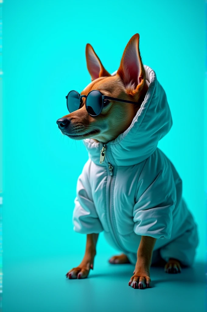 The best cell phone wallpaper, Award-Winning Wallpaper, portrait photography, In the front view is a portrait of a cute dog wearing mid-1960s space age fashion, Side view photo, Shot with Canon EOS R5, Set a strong contrast that accentuates the subject, Fluorescent blue tone, Wearing a very modern coat and sunglasses is a modern 1960s style, Clothes all in one color, beautiful background