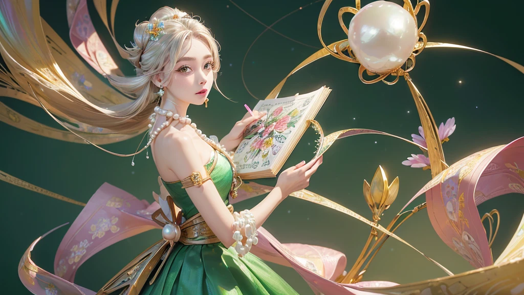 32K, 最高quality, 最高masterpiece, (ultra-Detailed Background, Detailed Background), High resolution, Super detailed, Very detailedな, 1 personの, (bouquet:1.3), (Tangled:1.2), (Geometric:1.2),(colorful),(masterpiece, quality, best quality, Official Art, Beautiful and beautiful:1.2), (1 person:1.3), Very detailed,(colorful:1.1)(Flowers:1.3),Most detailed,(Tangled:1.2), whole body, (Abstract background:1.3), (Skin glows), (Many colors:1.4), ,(Earrings Pearl:1.5), Pale yellow-green background, It's imaginative., Brunette Hair, Updo, Holding a book, Holding a pen, Satin shirt
