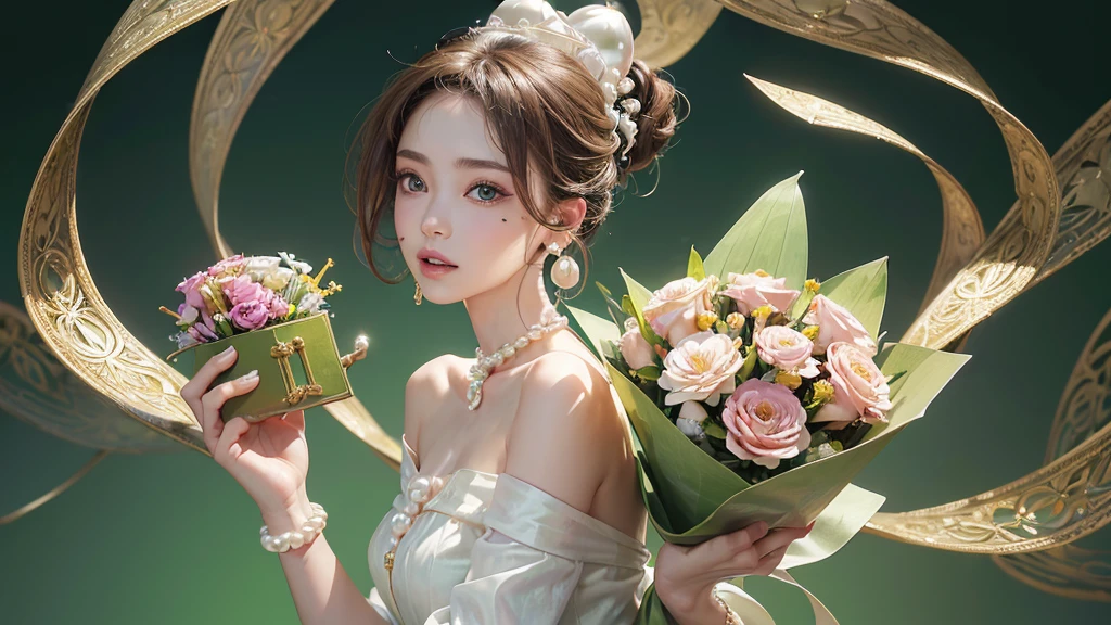 32K, 最高quality, 最高masterpiece, (ultra-Detailed Background, Detailed Background), High resolution, Super detailed, Very detailedな, One girl, (bouquet:1.3), (Tangled:1.2), (Geometric:1.2),(colorful),(masterpiece, quality, best quality, Official Art, Beautiful and beautiful:1.2), (1 girl:1.3), Very detailed,(colorful:1.1)(Flowers:1.3),Most detailed,(Tangled:1.2), whole body, (Abstract background:1.3), (Skin glows), (Many colors:1.4), ,(Earrings Jewelry:1.5), Pink Background,