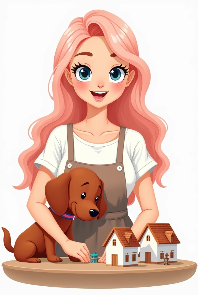 draw basic style, simple vector. Create avatar of  curvy craftswoman girl, very beautiful upper body. Long light pink hair, blue eyes, wide smile, white t-shirt with apron. She is hugged with a charming red irish setter dog. in the table, working with mini houses dioramas. Specific art, fanart, sweet color, white background, clipart illustration, simple art, cartoon 2D, no shading, PNG, front view, close up