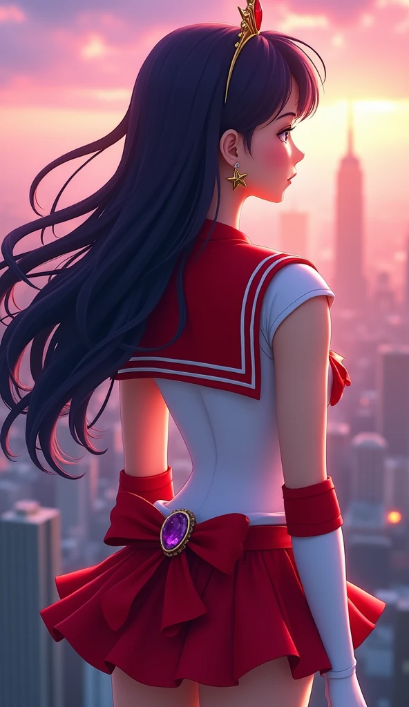 (rear view, backside view), Sailor Mars in a sexy outfit standing in front of a city,Su cabello es morado oscuro, su tiara es en forma de v con una joya color rojo. Sus pendientes son estrellas de 6 picos, su cuello de marinero es de color rojo con 3 líneas blancas, su broche es rojo, su broche delantero es de color morado y su camisa es blanca con hombreras color blanco con una linea blanca en la cintura. En el medio hay una joya roja con bordes color dorado, sus guantes están por debajo de sus codos y su color es blanco con la parte superior de color rojo, su falda y su moño trasero son rojos, seductive anime girl, extremely detailed artgerm, ilya kuvshinov. 4 k, style artgerm, marin kitagawa fanart, ilya kuvshinov and artgerm, made with painter studio, beautiful alluring woman, sakimichan frank franzzeta, high quality, (RAW photo, best quality), (realistic, photorealistic: 1.4), (extremely delicate and beautiful: 1.4), amazing, fine details, masterpiece, ultra detailed, high resolution, best illustration, best shadow, intricate, ( extremely intricate: 1.2), (exquisitely detailed skin), cinematic light, perfect anatomy, (cool color: 1.4), sharp focus, 8k UHD, DSLR, (Fujifilm XT3),(Sailor Mars:1.4),( sailor moon Mars:1.4), (skirt lifted by itself: 1.1), (skirt lift: 1.3), (showing blue panties: 1.3),( iluminación cinematográfica :1.4),( tiene un hermoso culo :1.4), (fondo cueva caverna piedras grandes :1.4),( tiene un culo de pera hermoso :1.4), (falda levantado mostrando panties :1.4)