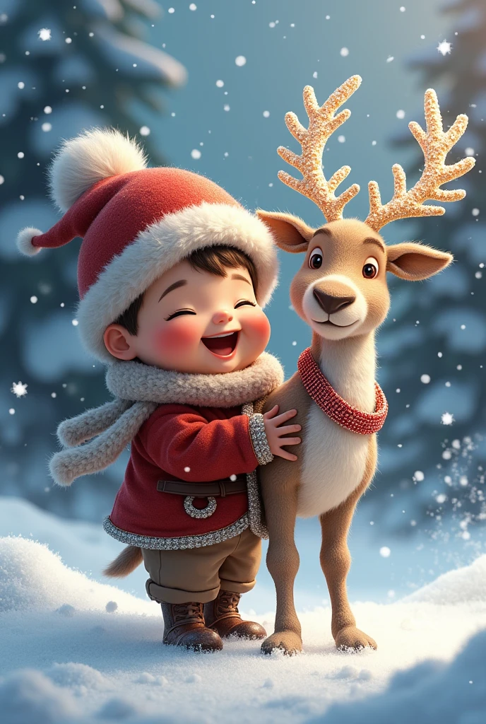 Draw me a picture , chubby boy holding diamond decorated christmas reindeer